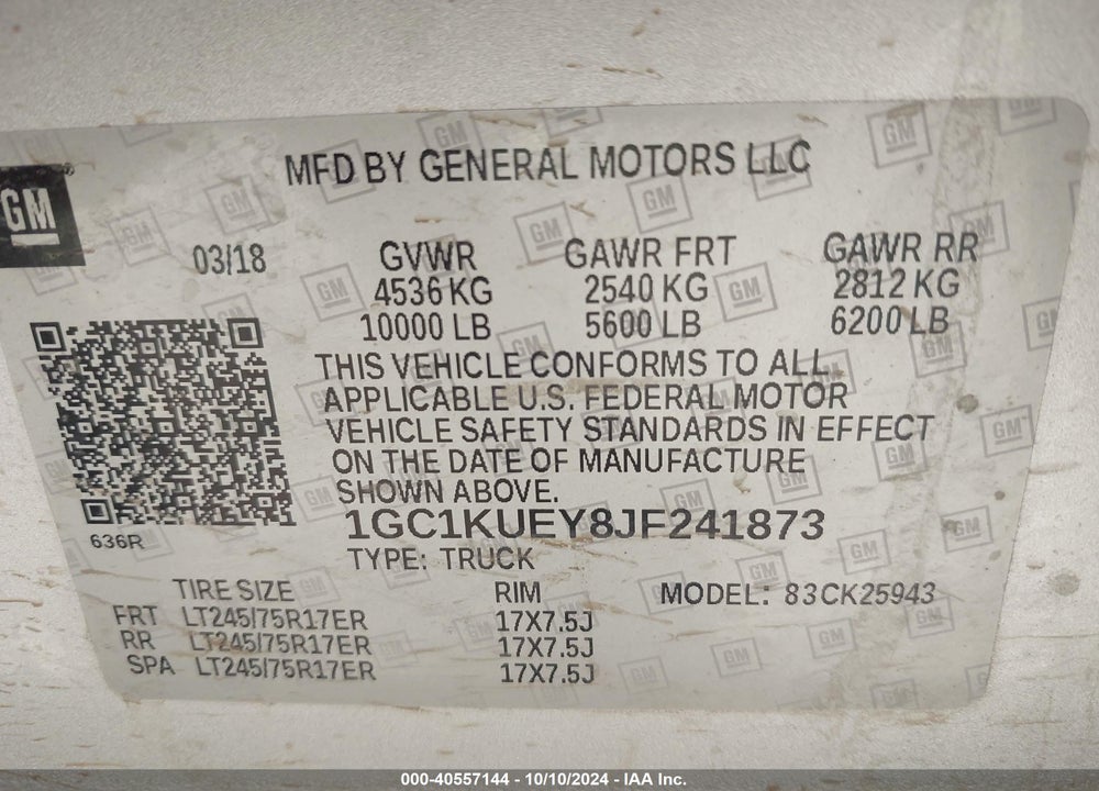 2018 CHEVROLET SILVERADO 2500HD WT VIN: 1GC1KUEY8JF241873