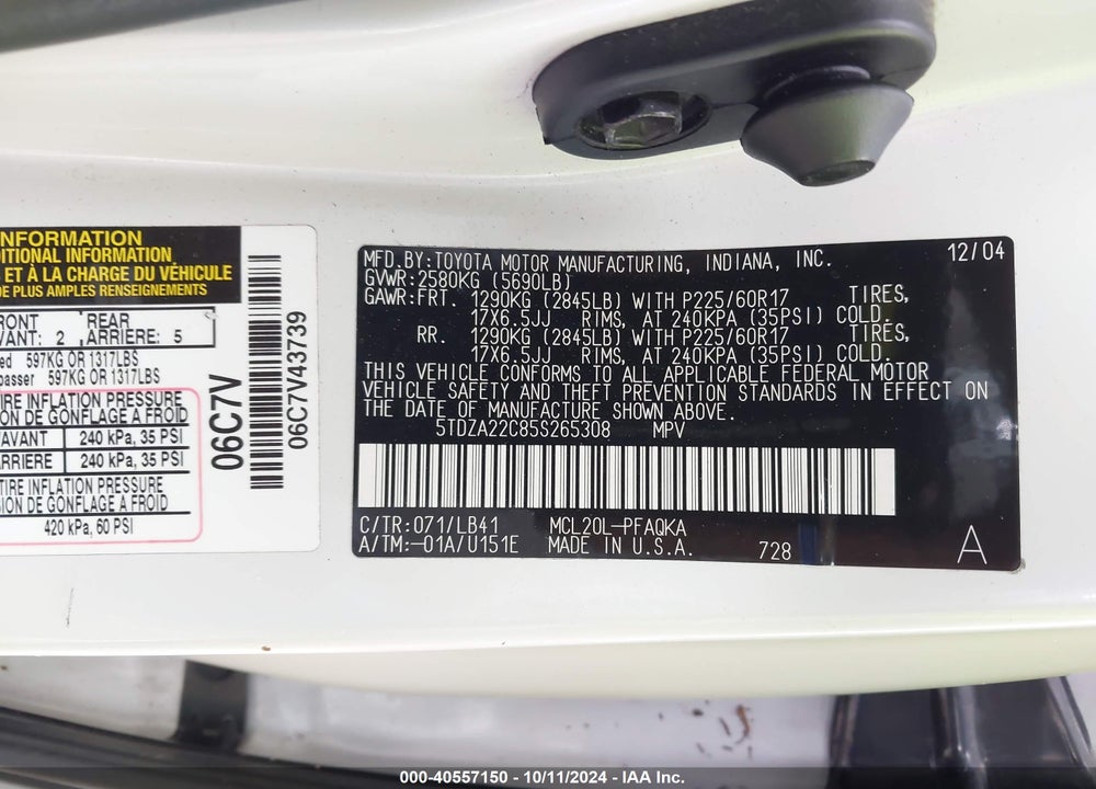 2005 TOYOTA SIENNA XLE VIN: 5TDZA22C85S265308