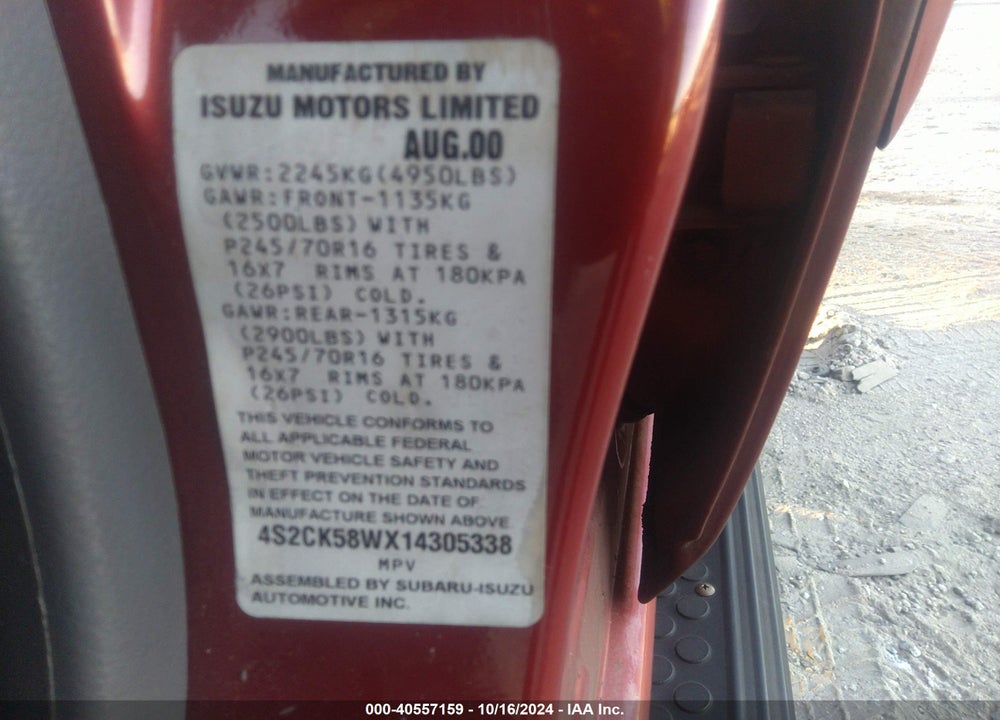 2001 ISUZU RODEO LS 3.2L V6/LSE 3.2L V6/S 3.2L V6 VIN: 4S2CK58WX14305338