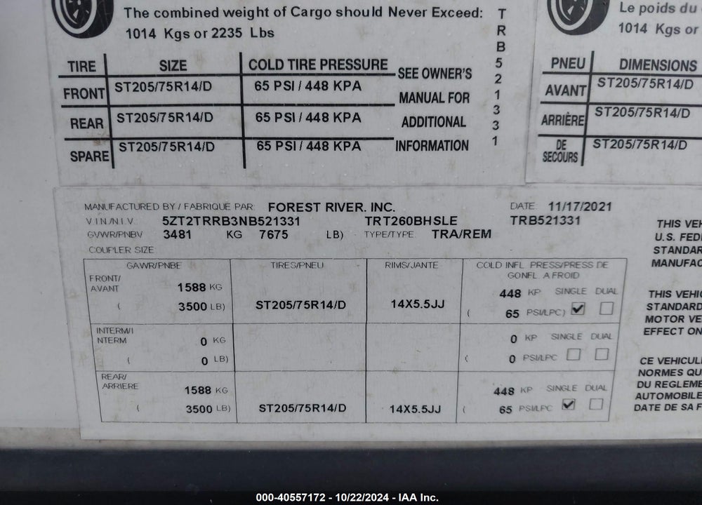 2022 PRIME TIME OTHER VIN: 5ZT2TRRB3NB521331