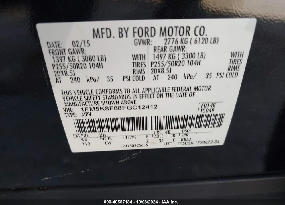 2015 FORD EXPLORER LIMITED VIN: 1FM5K8F88FGC12412