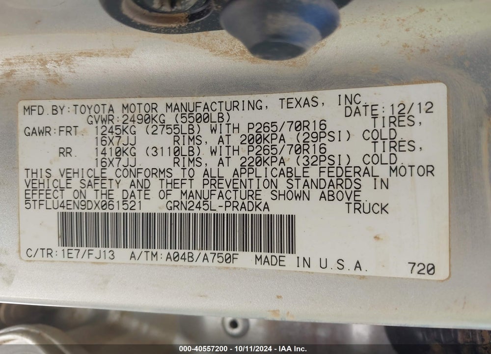 2013 TOYOTA TACOMA BASE V6 VIN: 5TFLU4EN9DX061521