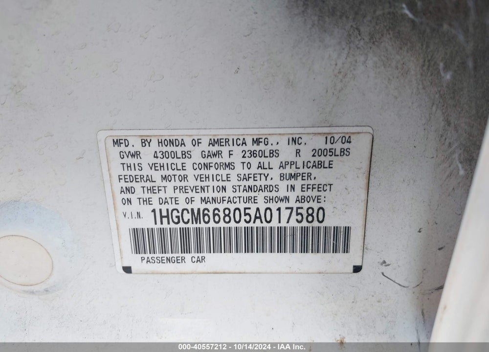 2005 HONDA ACCORD 3.0 EX VIN: 1HGCM66805A017580