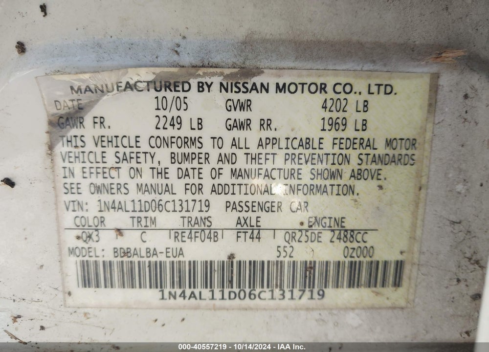 2006 NISSAN ALTIMA 2.5 S VIN: 1N4AL11D06C131719