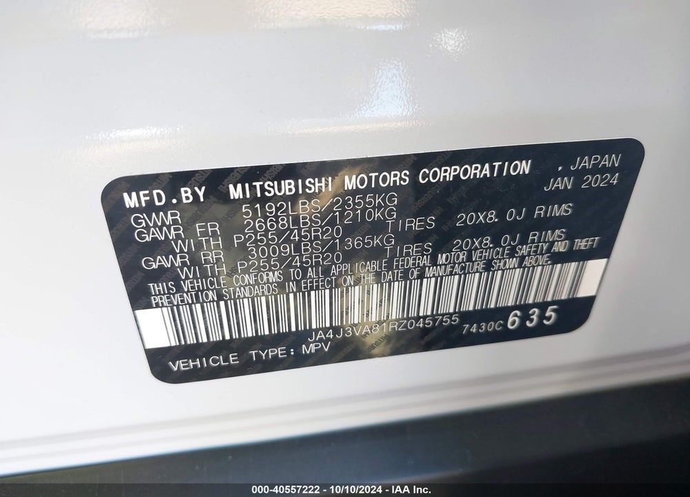 2024 MITSUBISHI OUTLANDER SE 2.5 2WD/SE BLACK EDITION S-AWC/SE BLACK EDITION W/PANO ROOF VIN: JA4J3VA81RZ045755