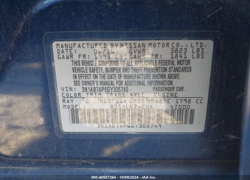 2016 NISSAN SENTRA S VIN: 3N1AB7AP6GY305749