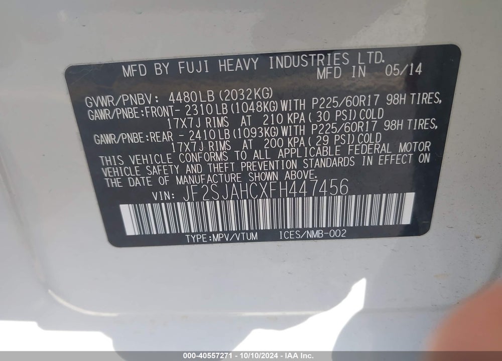 2015 SUBARU FORESTER 2.5I LIMITED VIN: JF2SJAHCXFH447456