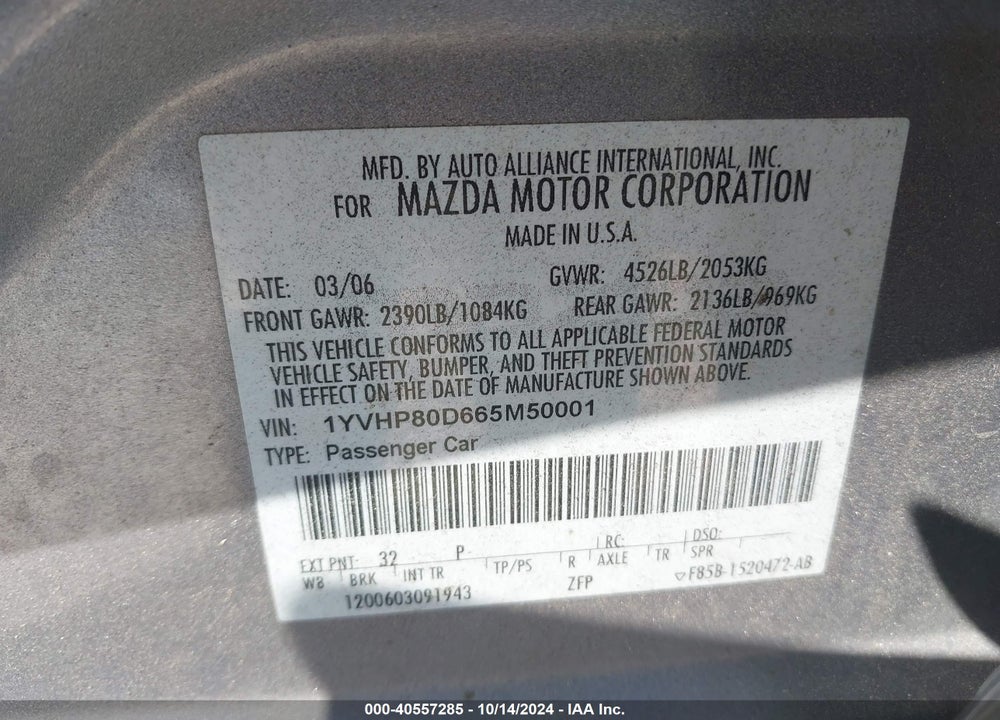 2006 MAZDA 6 S VIN: 1YVHP80D665M50001