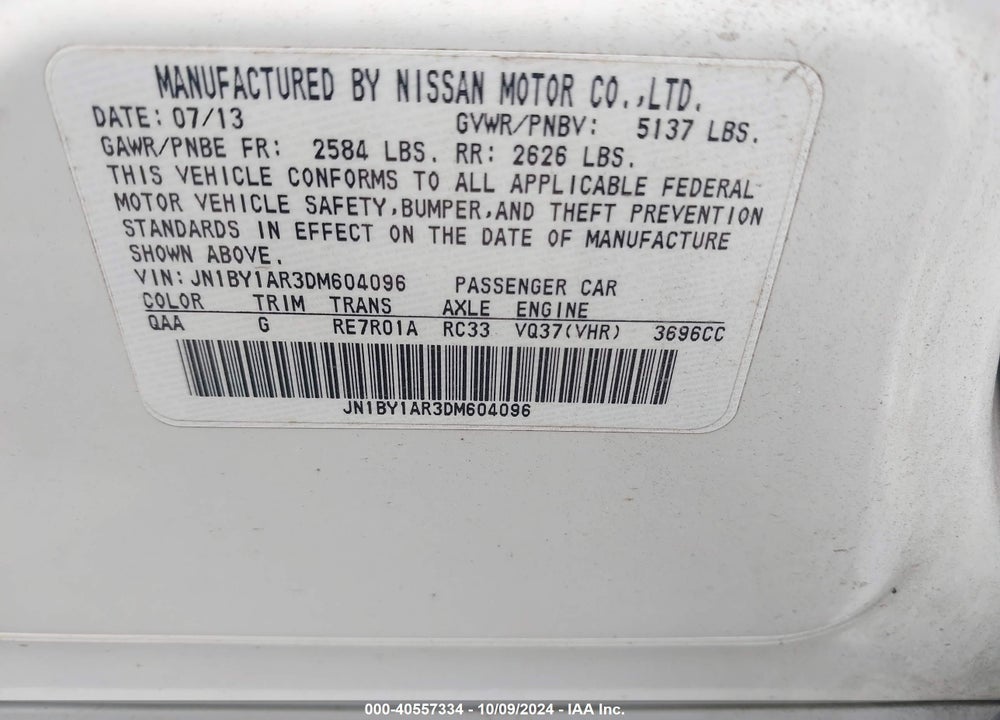 2013 INFINITI M37X VIN: JN1BY1AR3DM604096
