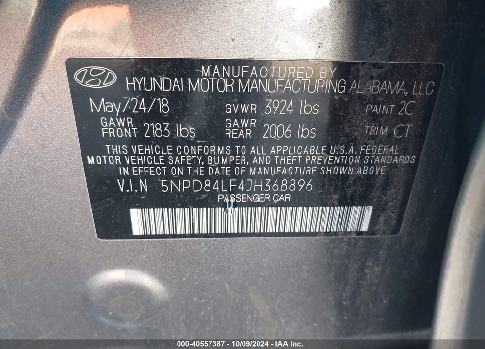 2018 HYUNDAI ELANTRA SEL VIN: 5NPD84LF4JH368896