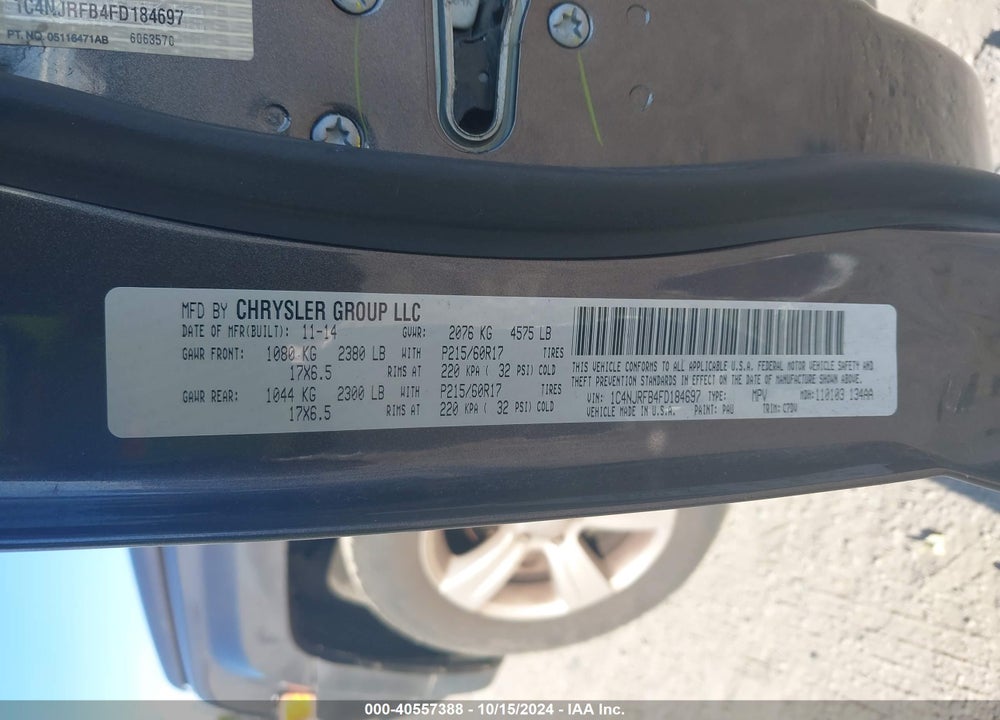 2015 JEEP PATRIOT LATITUDE VIN: 1C4NJRFB4FD184697