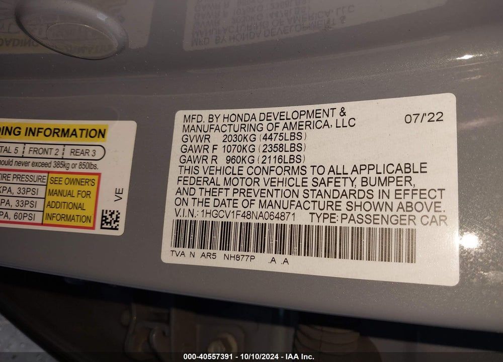 2022 HONDA ACCORD SPORT SPECIAL EDITION VIN: 1HGCV1F48NA064871