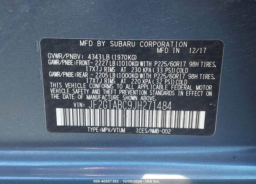2018 SUBARU CROSSTREK 2.0I PREMIUM VIN: JF2GTABC9JH271484