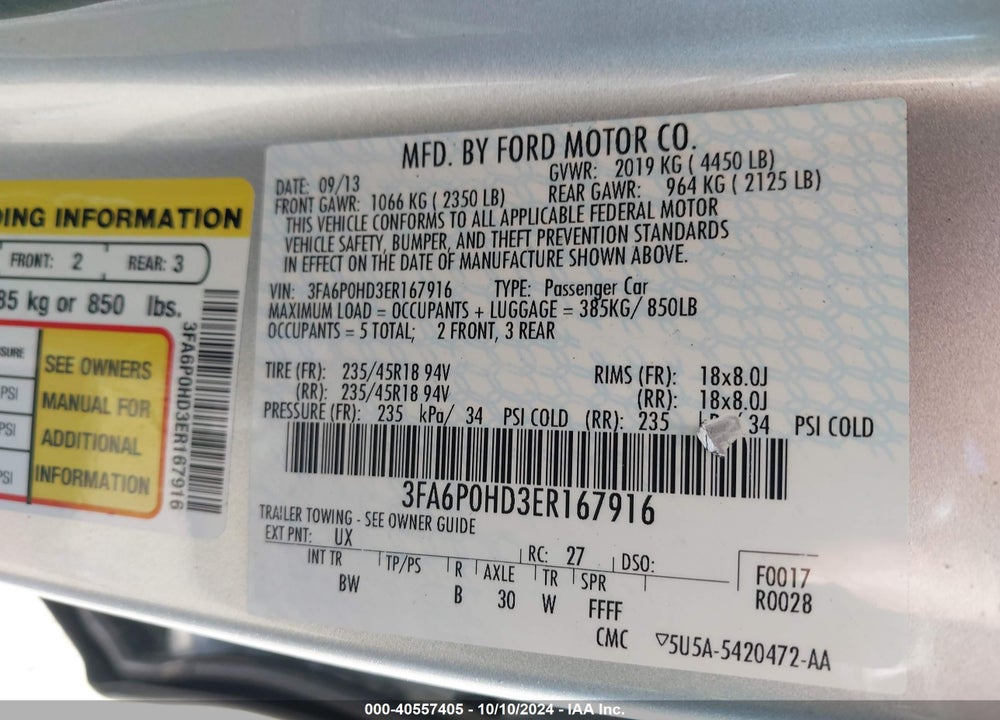2014 FORD FUSION SE VIN: 3FA6P0HD3ER167916