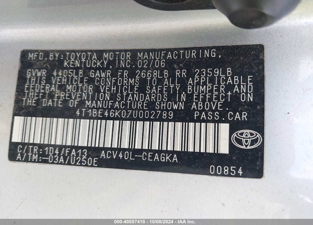 2007 TOYOTA CAMRY XLE VIN: 4T1BE46K07U002789