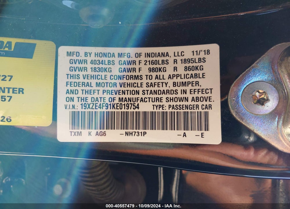 2019 HONDA INSIGHT TOURING VIN: 19XZE4F91KE019754