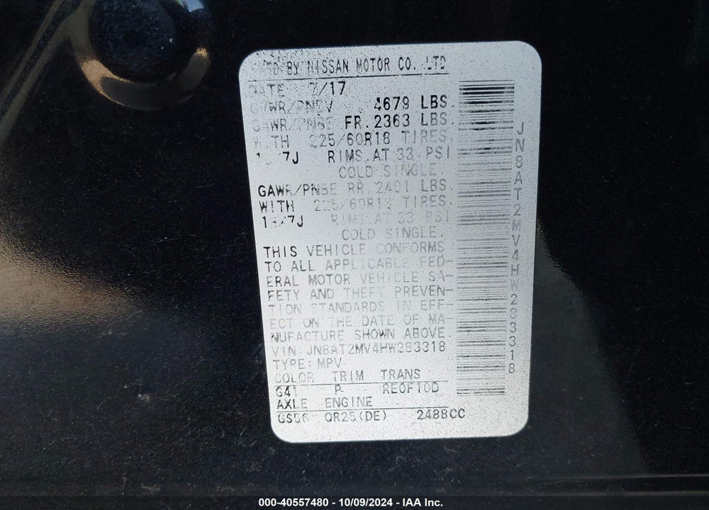 2017 NISSAN ROGUE SL VIN: JN8AT2MV4HW283318