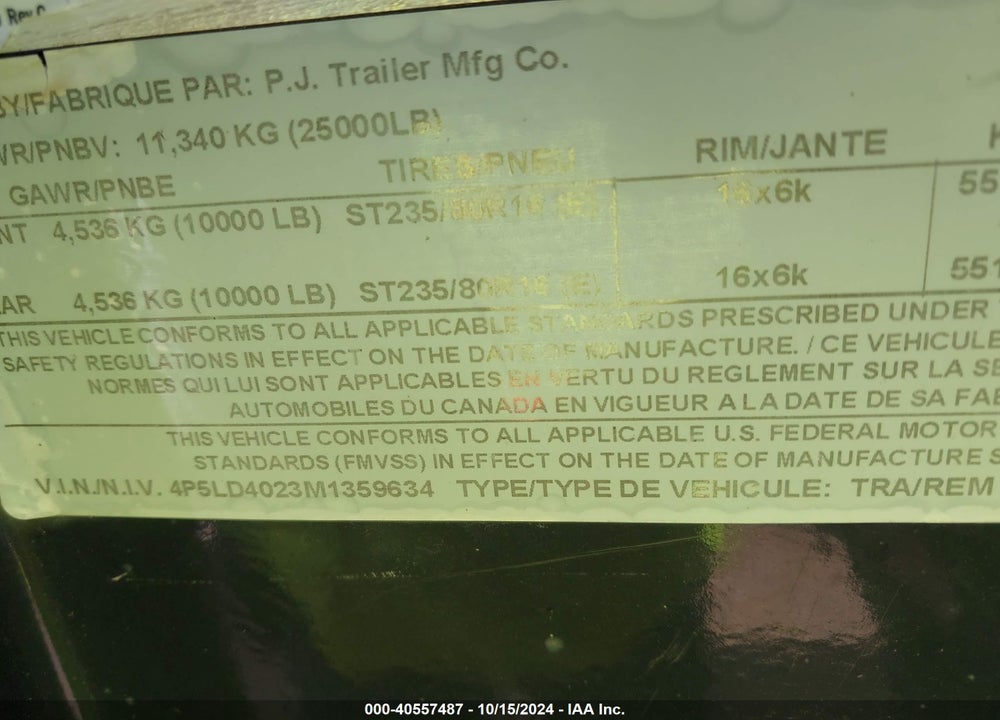 2021 PJ TRAILERS UNKNOWN VIN: 4P5LD4023M1359634