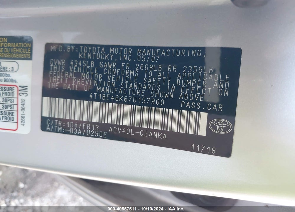 2007 TOYOTA CAMRY LE VIN: 4T1BE46K67U157900