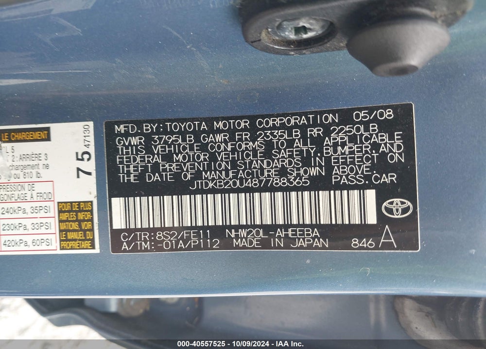 2008 TOYOTA PRIUS VIN: JTDKB20U487788365