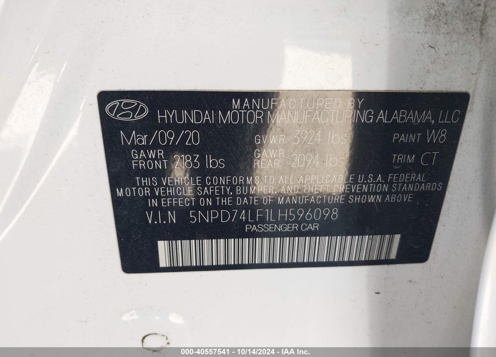 2020 HYUNDAI ELANTRA SE VIN: 5NPD74LF1LH596098