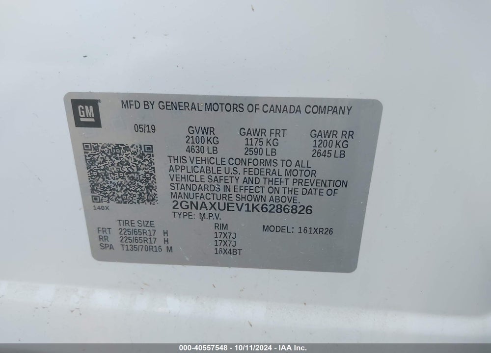 2019 CHEVROLET EQUINOX LT VIN: 2GNAXUEV1K6286826