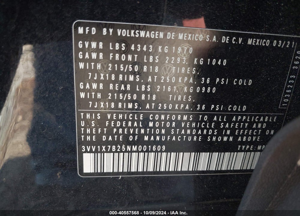 2022 VOLKSWAGEN TAOS 1.5T SEL VIN: 3VV1X7B25NM001609