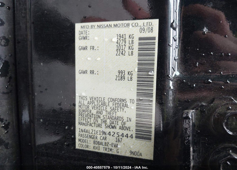 2009 NISSAN ALTIMA 2.5 S VIN: 1N4AL21E19N425444