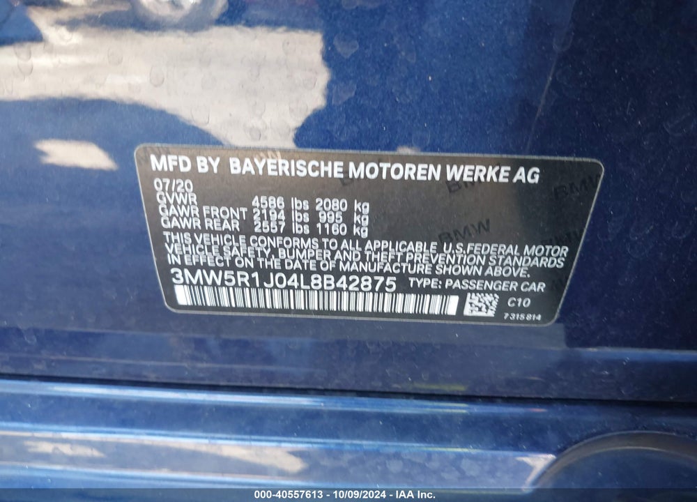 2020 BMW 330I VIN: 3MW5R1J04L8B42875