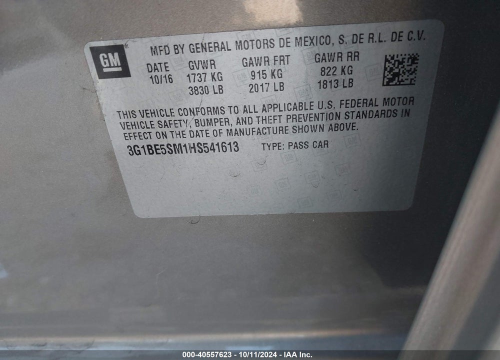 2017 CHEVROLET CRUZE LT AUTO VIN: 3G1BE5SM1HS541613