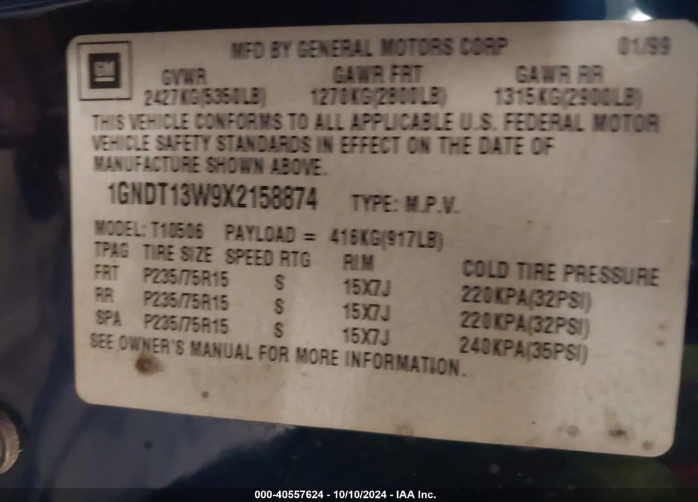 1999 CHEVROLET BLAZER TRAILBLAZER VIN: 1GNDT13W9X2158874