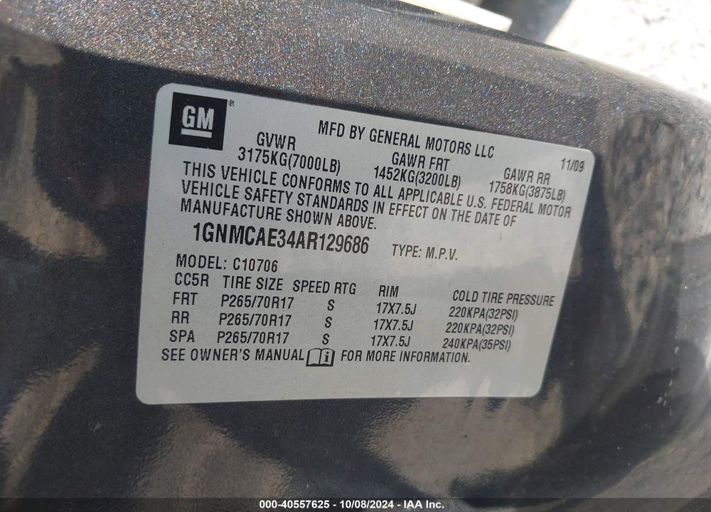 2010 CHEVROLET TAHOE LS VIN: 1GNMCAE34AR129686