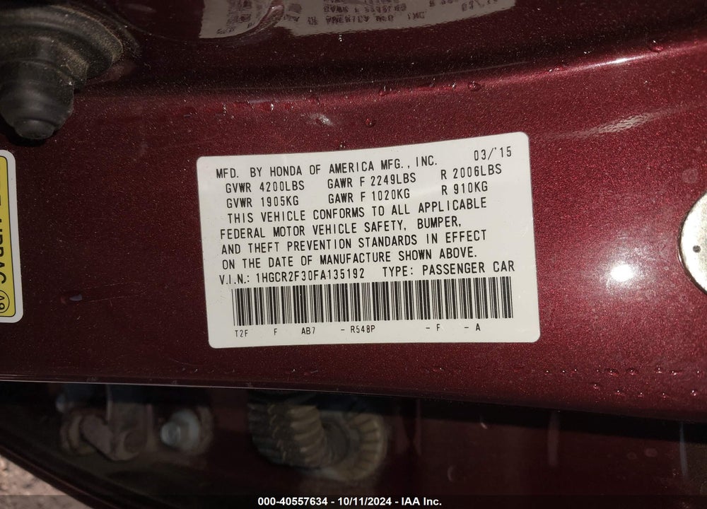 2015 HONDA ACCORD LX VIN: 1HGCR2F30FA135192