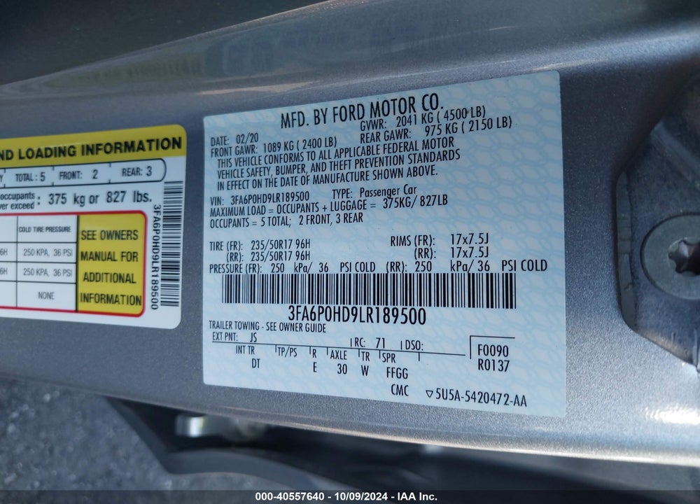2020 FORD FUSION SE VIN: 3FA6P0HD9LR189500