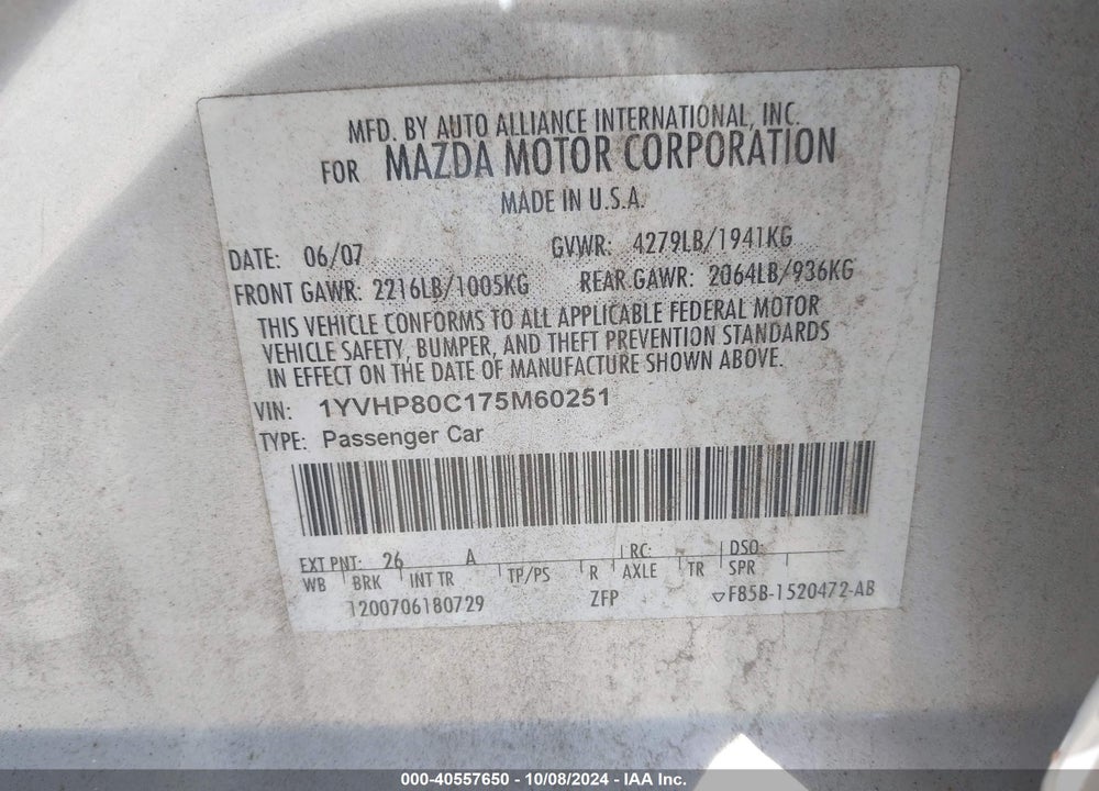 2007 MAZDA 6 I SPORT VE VIN: 1YVHP80C175M60251