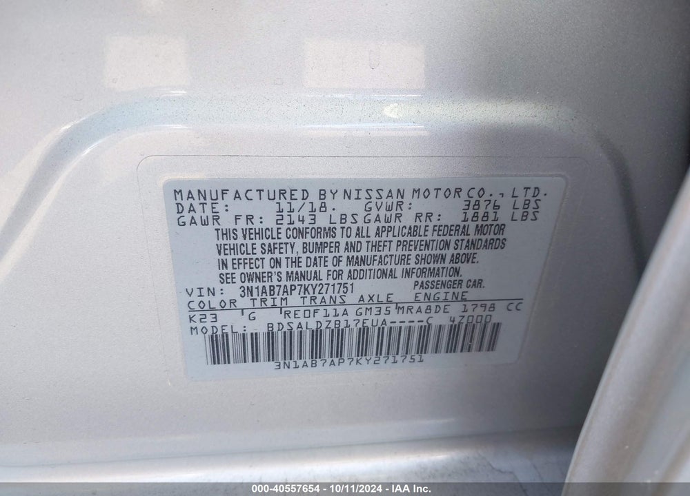 2019 NISSAN SENTRA VIN: 3N1AB7AP7KY271751
