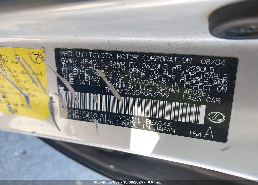 2005 LEXUS ES 330 VIN: JTHBA30G255063999