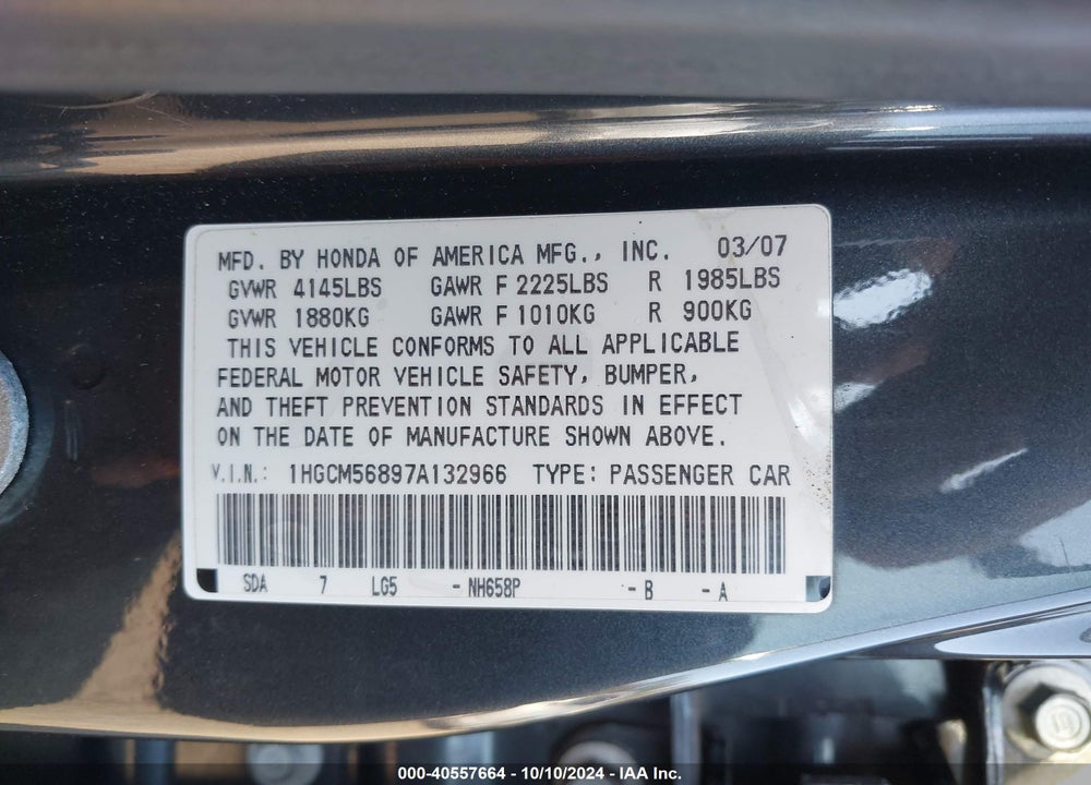 2007 HONDA ACCORD 2.4 EX VIN: 1HGCM56897A132966