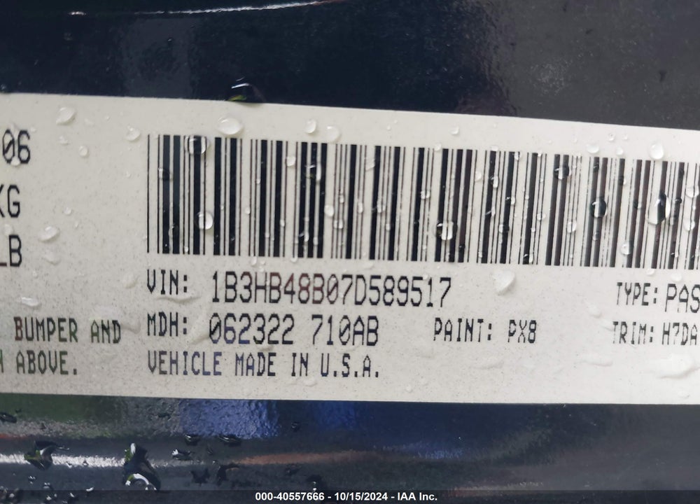 2007 DODGE CALIBER SXT VIN: 1B3HB48B07D589517