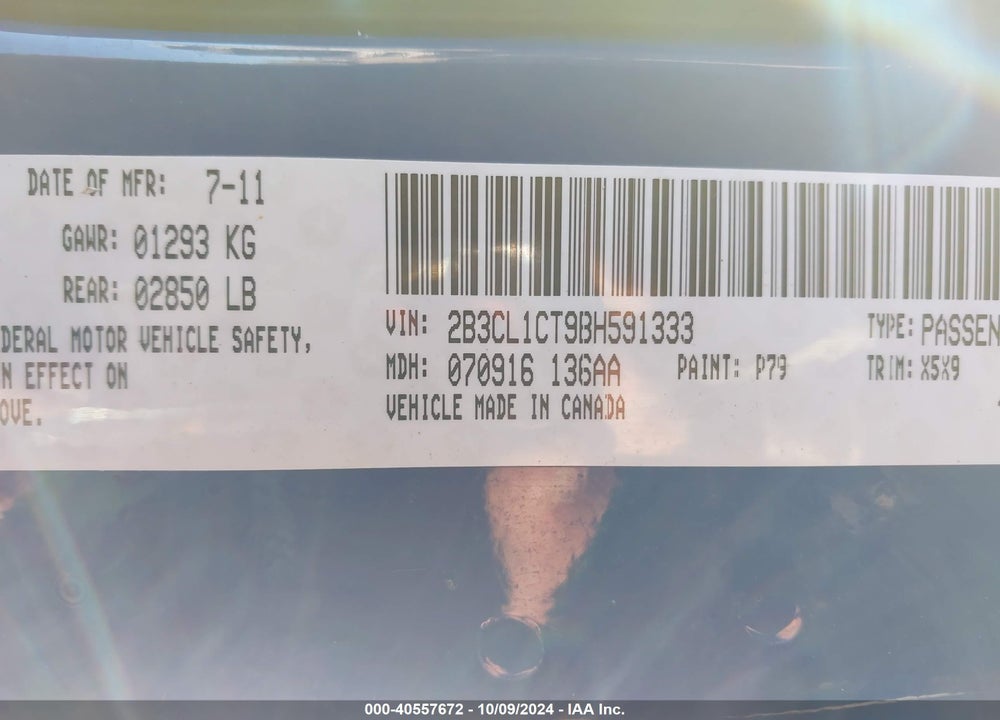 2011 DODGE CHARGER VIN: 2B3CL1CT9BH591333