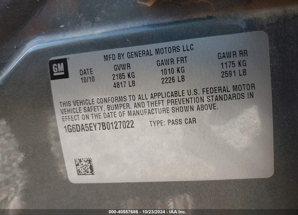 2011 CADILLAC CTS STANDARD VIN: 1G6DA5EY7B0127022