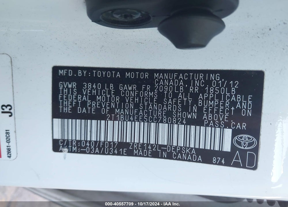 2012 TOYOTA COROLLA S VIN: 2T1BU4EE5CC780824