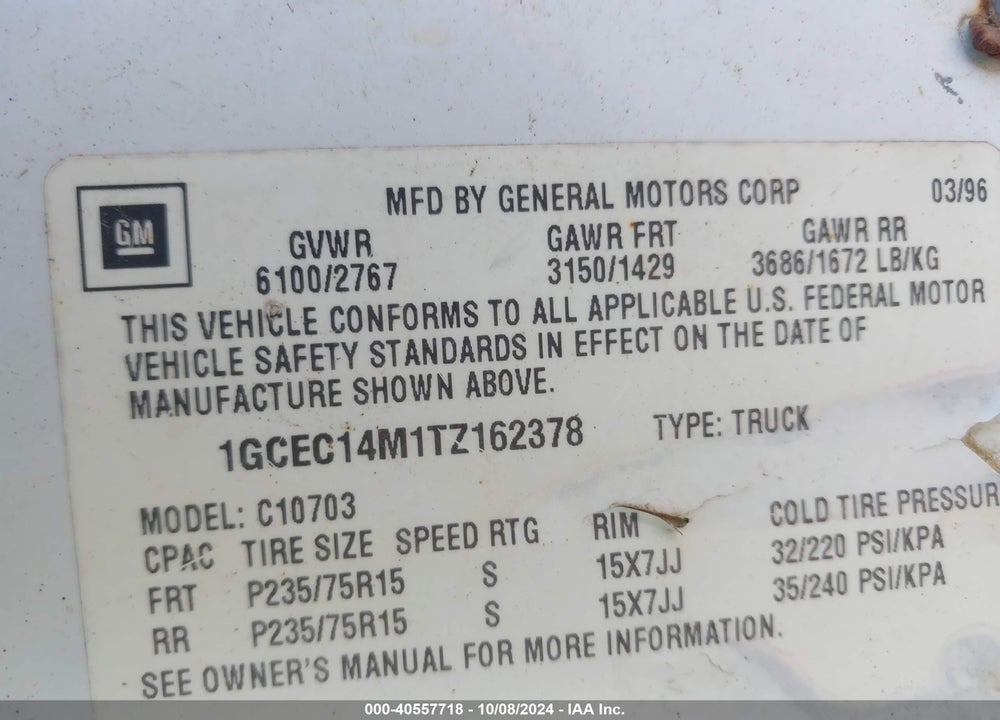 1996 CHEVROLET GMT-400 C1500 VIN: 1GCEC14M1TZ162378