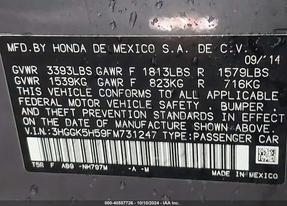 2015 HONDA FIT LX VIN: 3HGGK5H59FM731247