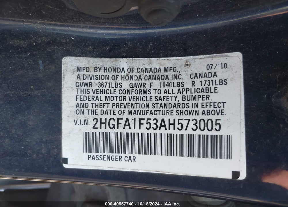 2010 HONDA CIVIC LX VIN: 2HGFA1F53AH573005