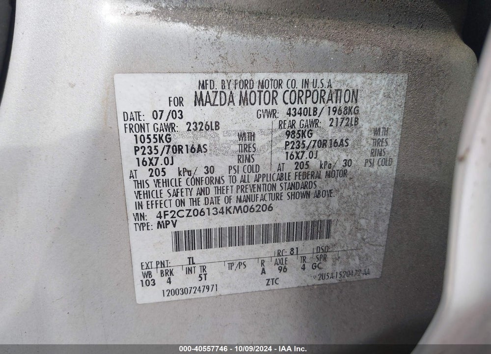 2004 MAZDA TRIBUTE ES V6 VIN: 4F2CZ06134KM06206