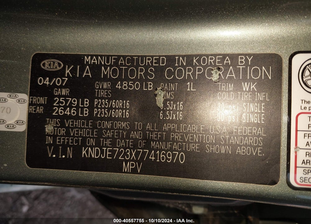 2007 KIA SPORTAGE LX V6 VIN: KNDJE723X77416970