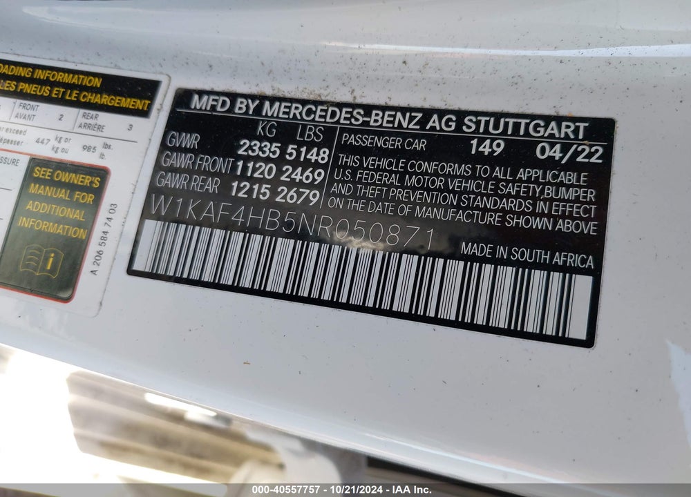 2022 MERCEDES-BENZ C 300 4MATIC VIN: W1KAF4HB5NR050871