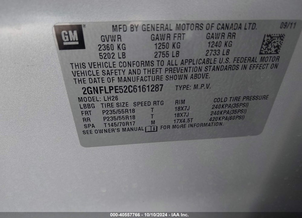 2012 CHEVROLET EQUINOX VIN: 2GNFLPE52C6161287
