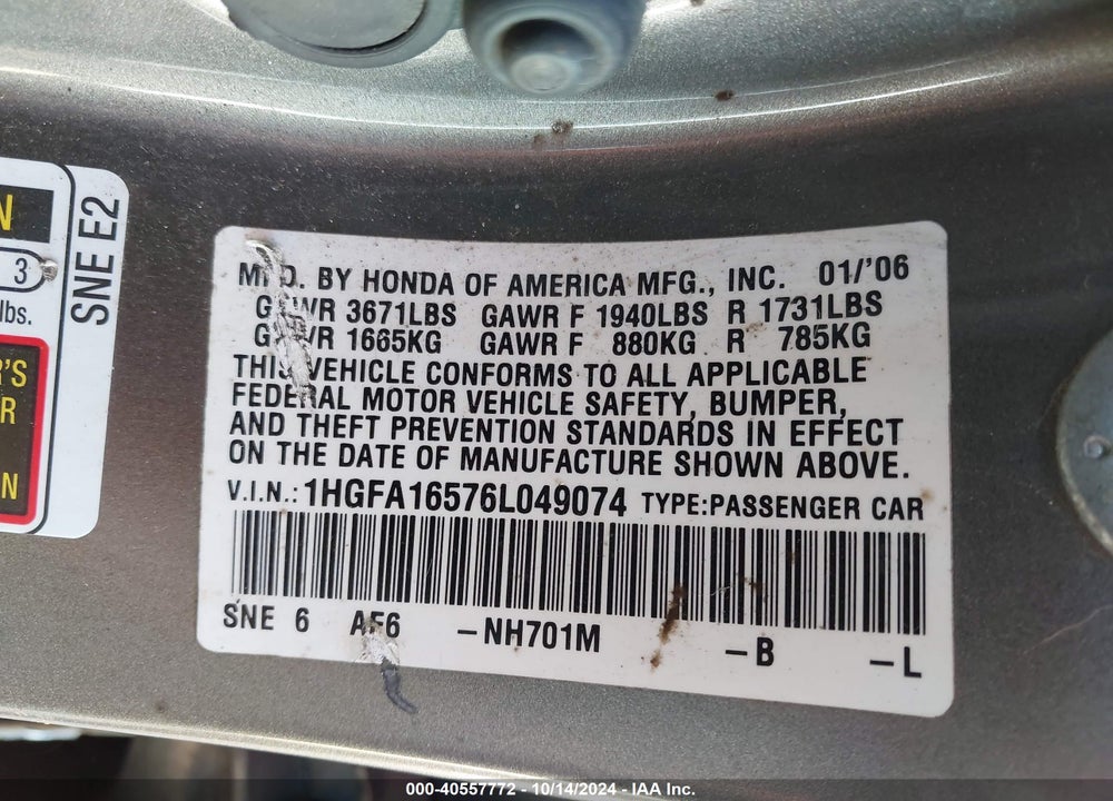 2006 HONDA CIVIC LX VIN: 1HGFA16576L049074